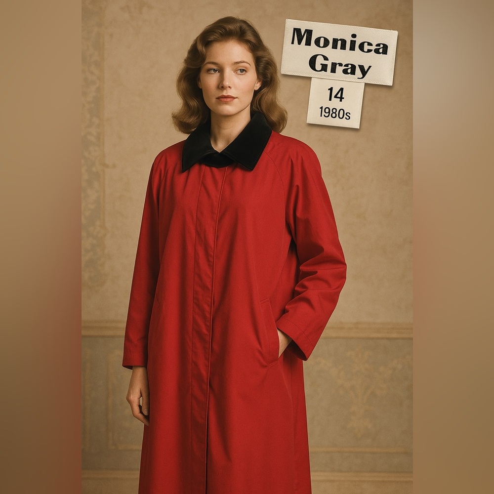 Vintage Monica Gray Red Midi Coat | Size 14 | Velvet Collar & Tab | 1980s
